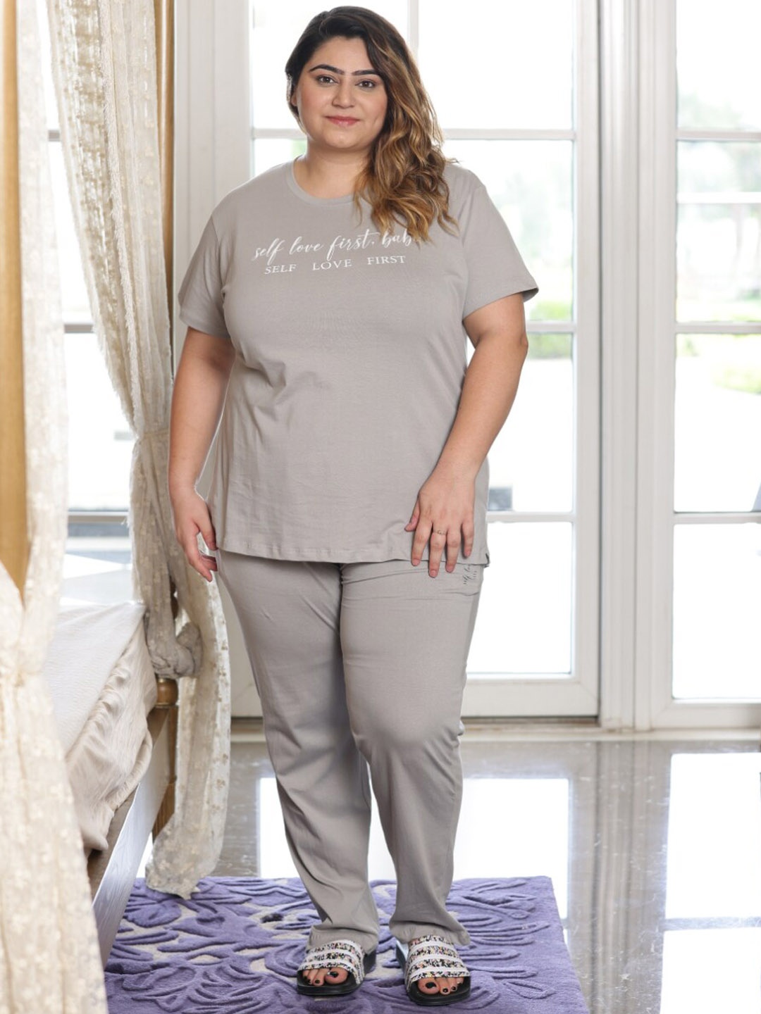 

TITTLI Plus Size Printed Pure Cotton Night Suit, Grey