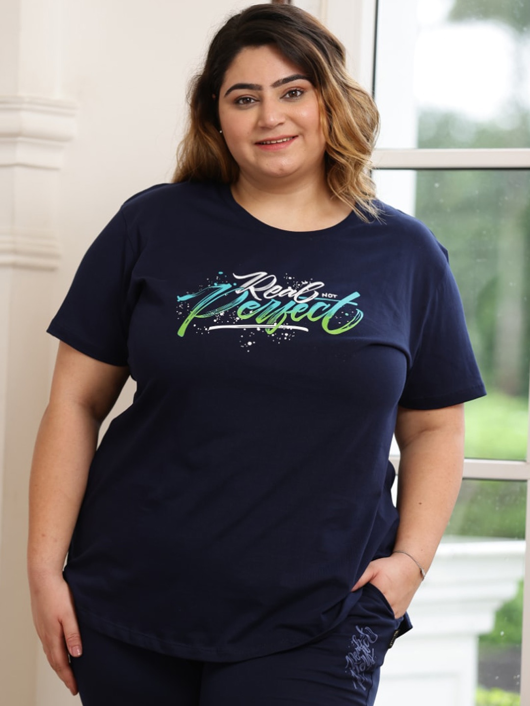 

TITTLI Plus Size Printed Pure Cotton Night Suit, Navy blue