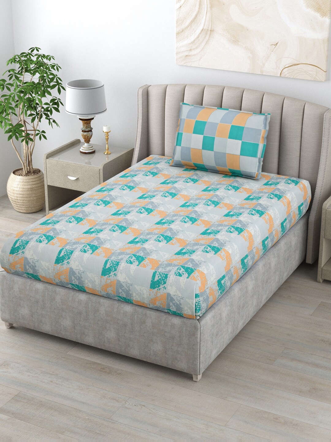 

BOMBAY DYEING Blue & Grey Floral Pure Cotton 120 TC Single Bedsheet with 1 Pillow Cover