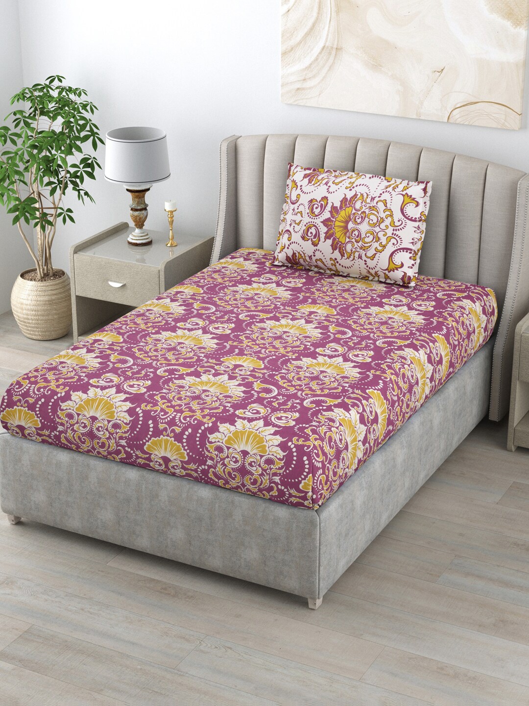 

BOMBAY DYEING Blumen Purple & Mustard Floral Cotton 120 TC Single Bedsheet & Pillow Cover