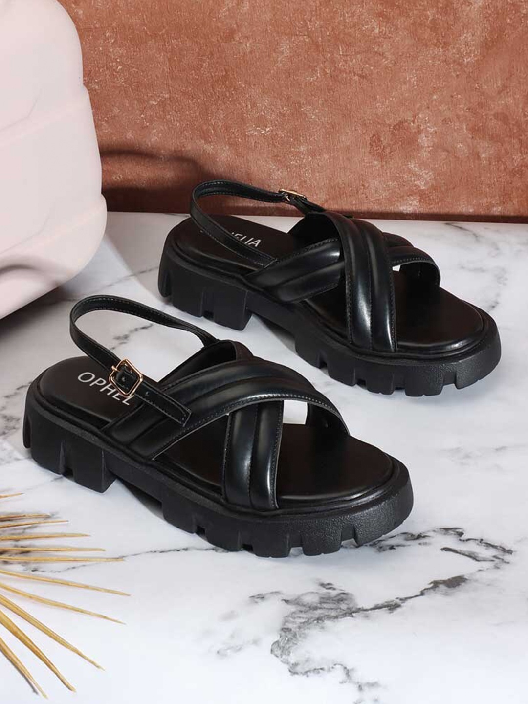 

OPHELIA Cross Strap Platform Heels With Buckles, Black