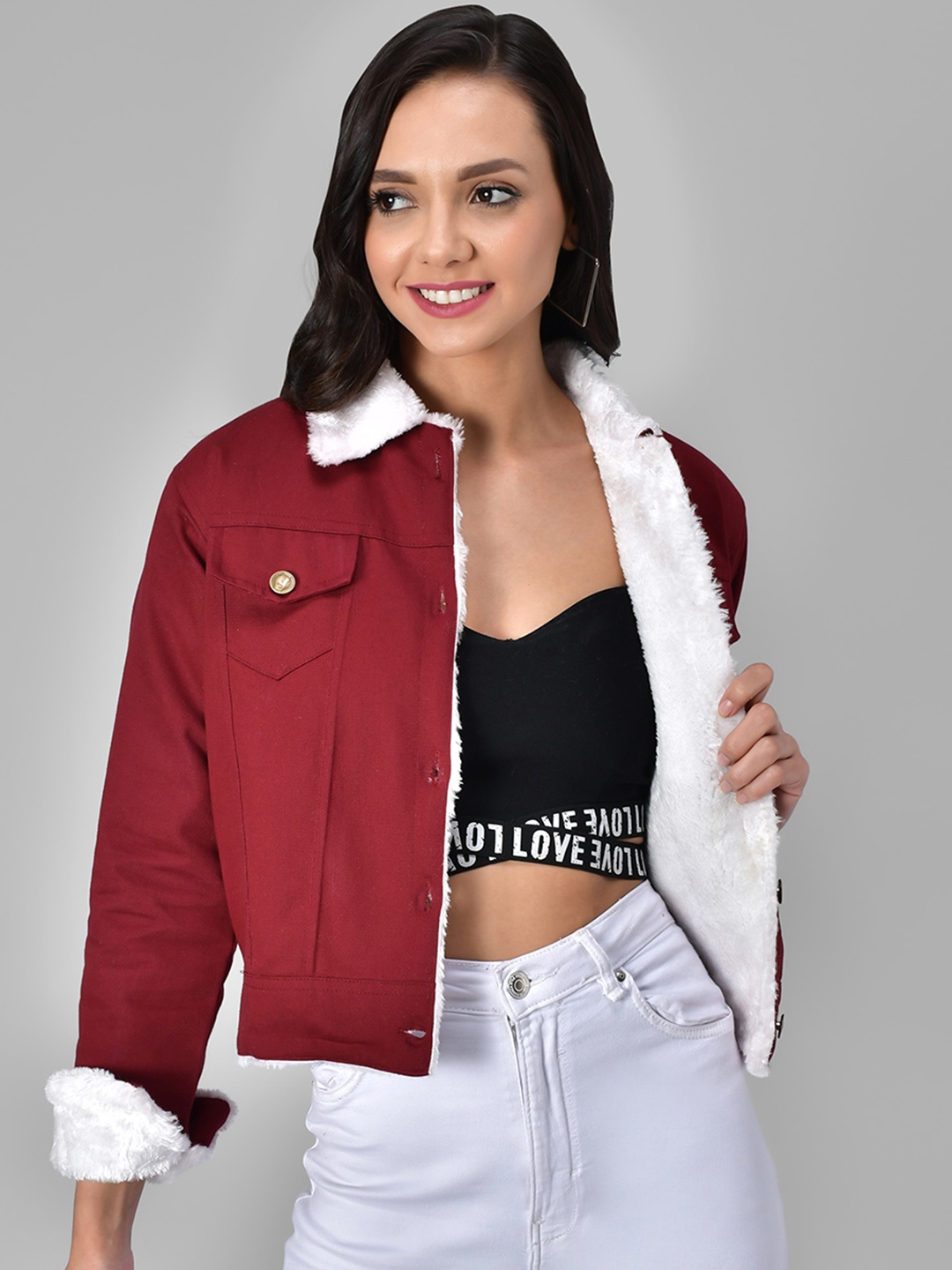 

Funday Fashion Spread Collar Cropped Cotton Tailored Jacket With Faux Fur Trimmings, Maroon