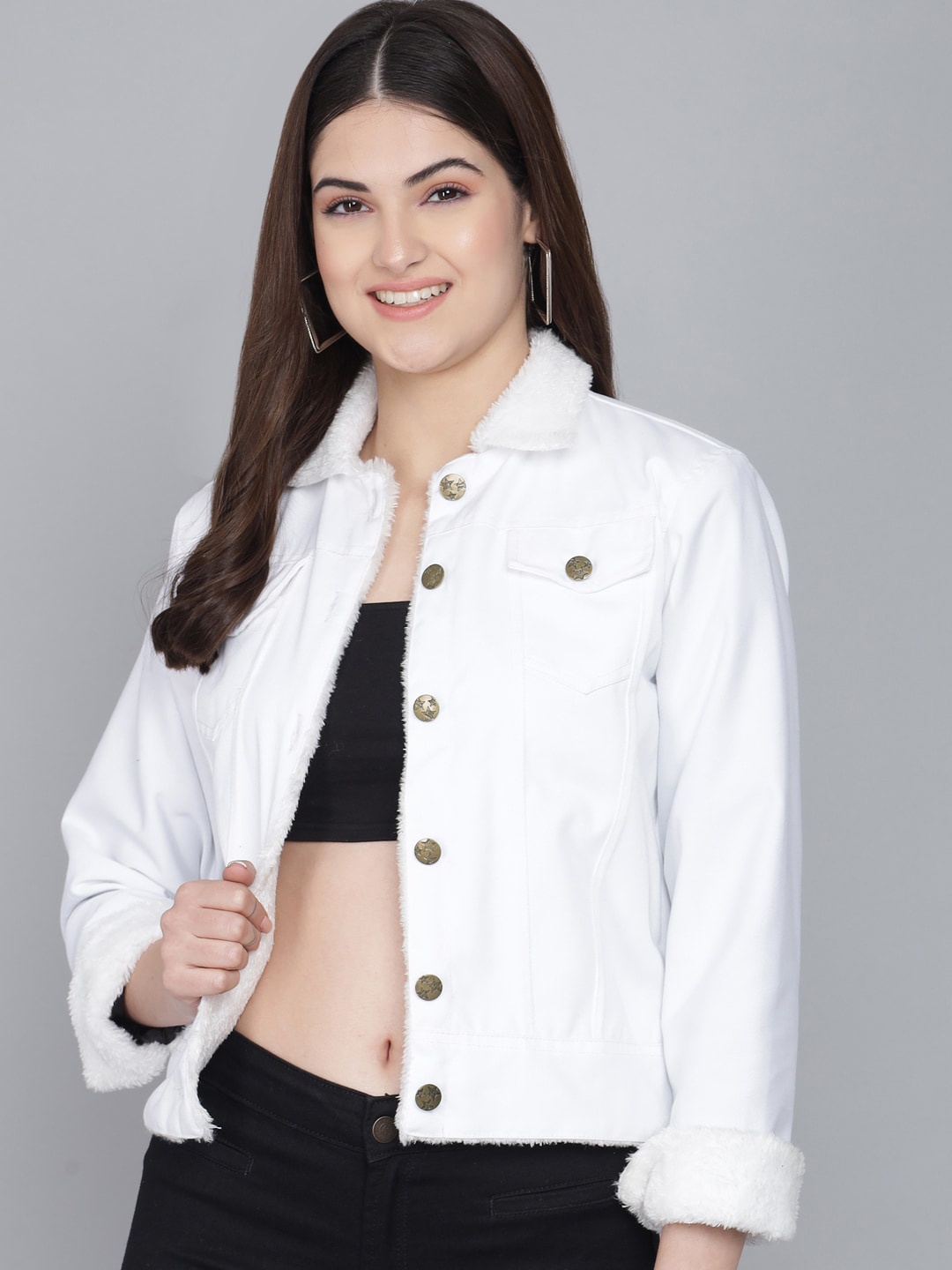 

Funday Fashion Spread Collar Cotton Denim Jacket With Faux Fur Trim, White