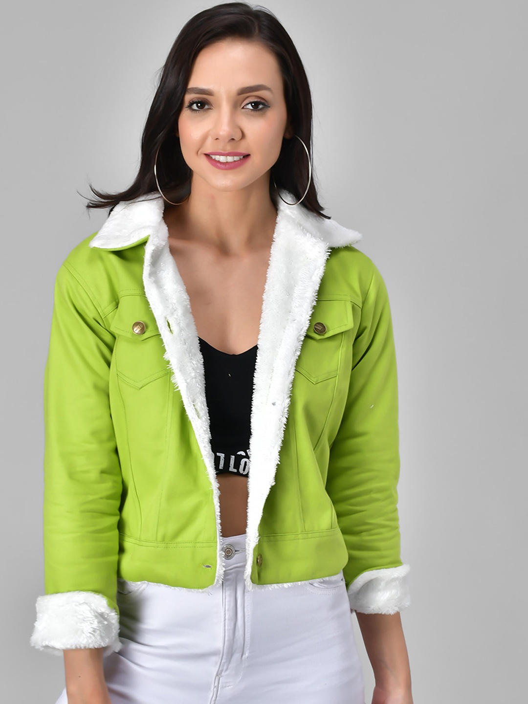 

Funday Fashion Spread Collar Cropped Cotton Tailored Jacket With Faux Fur Trimmings, Lime green