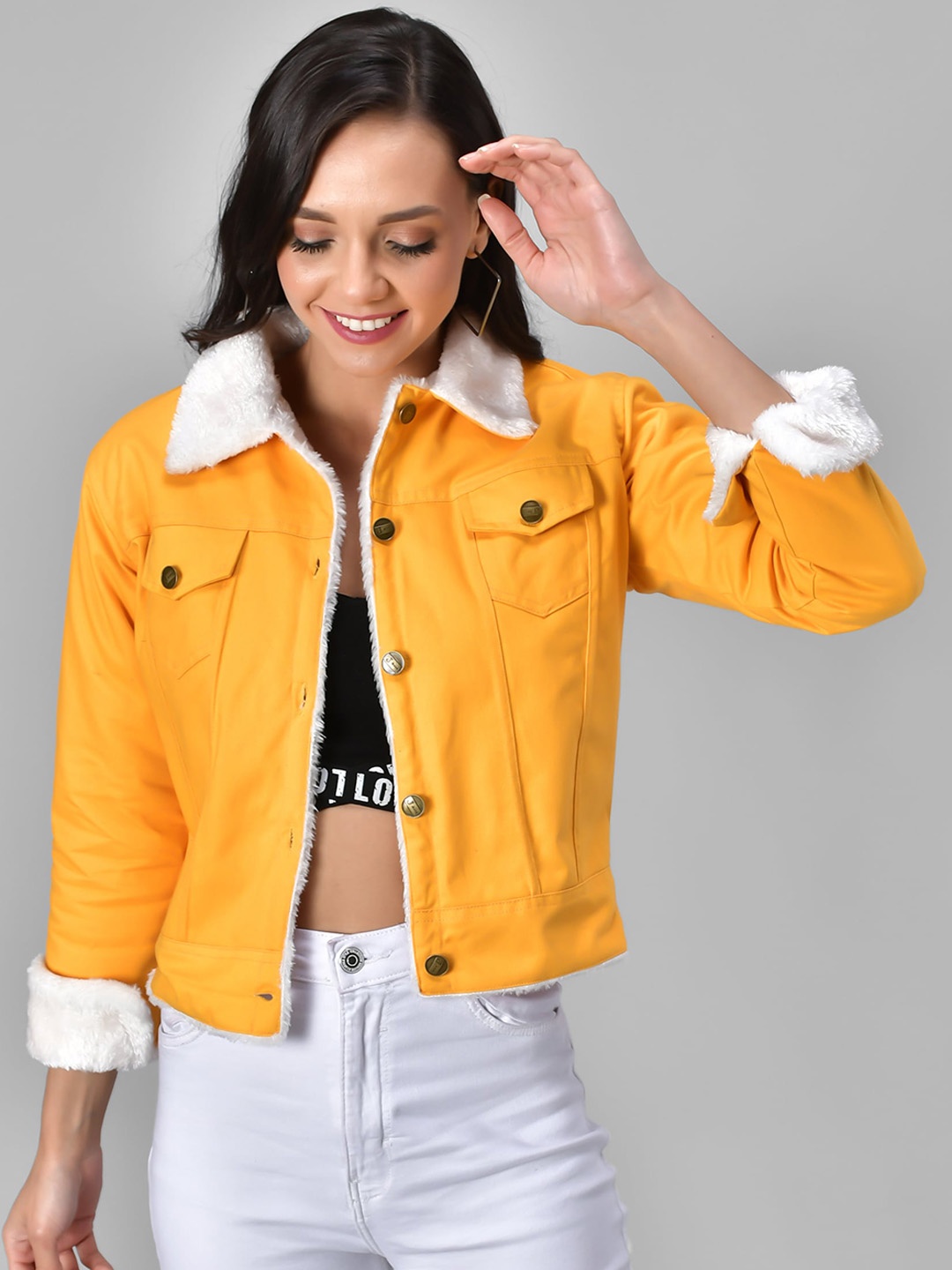 

Funday Fashion Spread Collar Cropped Cotton Tailored Jacket With Faux Fur Trimmings, Yellow