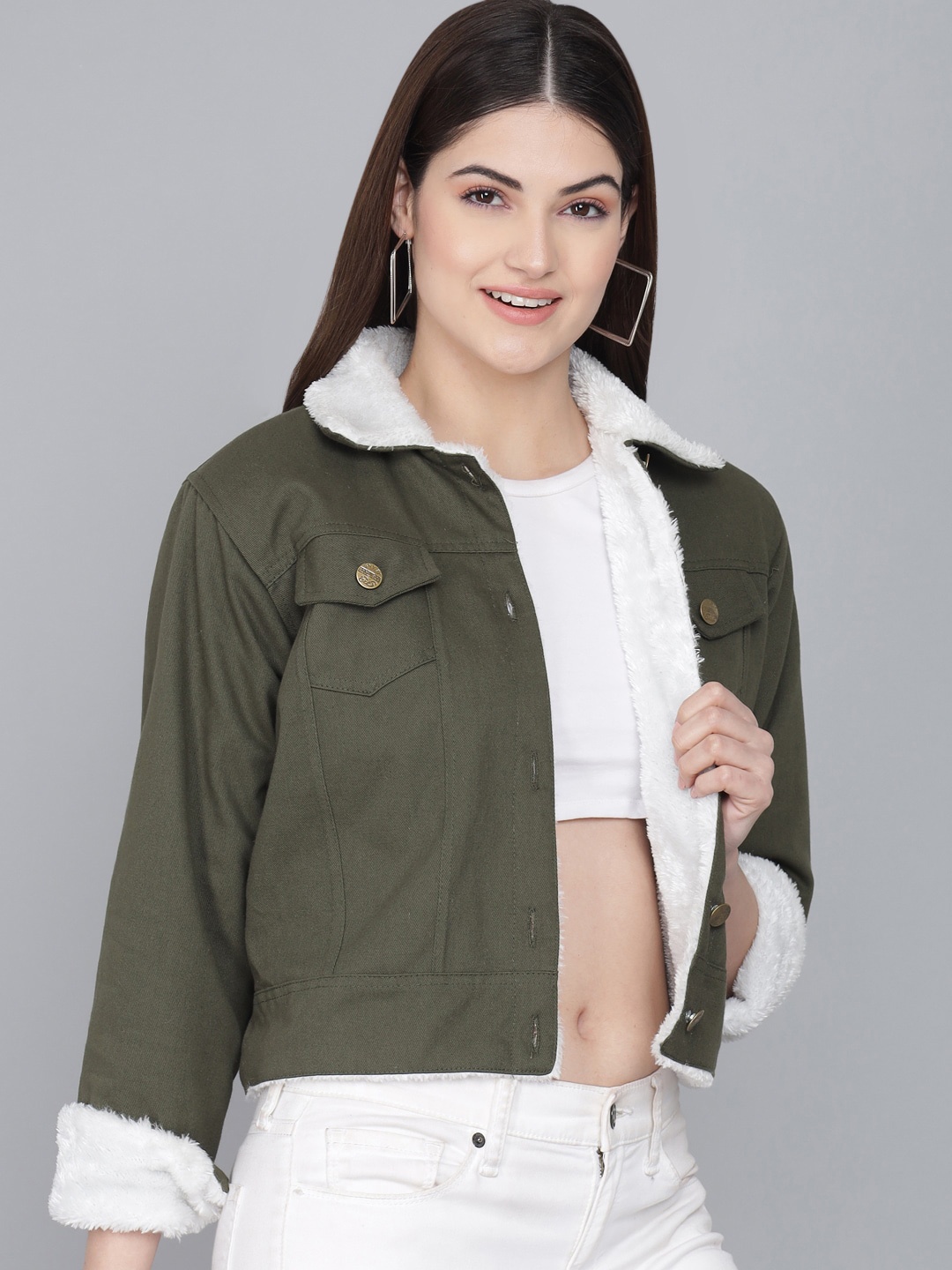 

Funday Fashion Spread Collar Cotton Denim Jacket With Faux Fur Trim, Olive