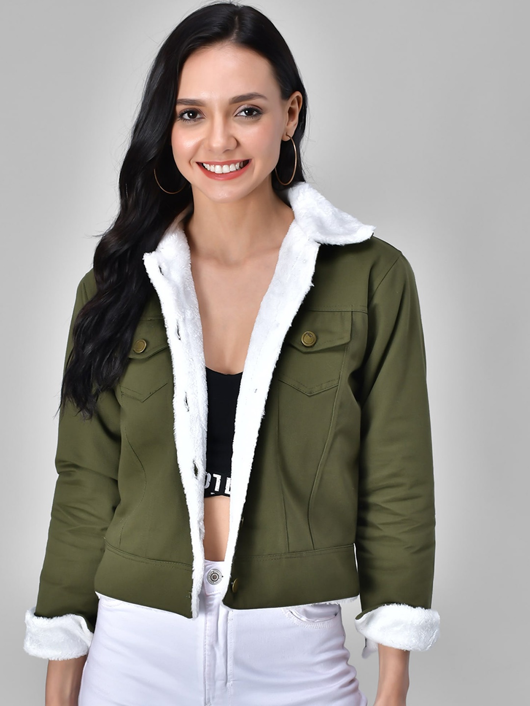 

Funday Fashion Spread Collar Cotton Denim Jacket With Faux Fur Trim, Olive