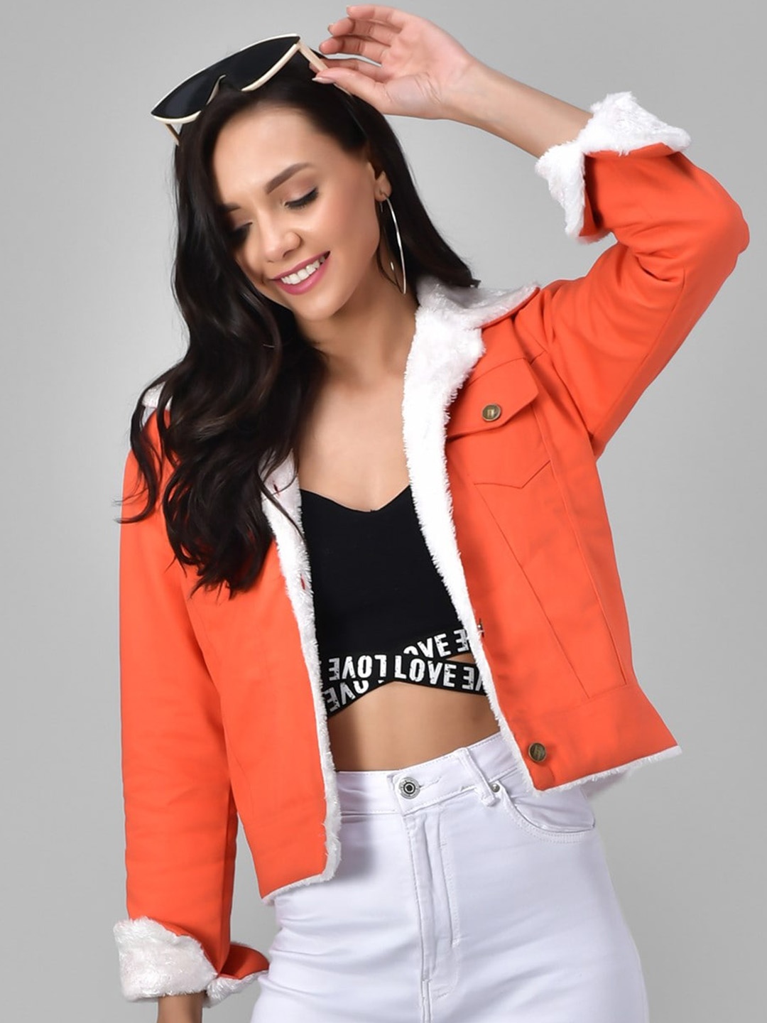 

Funday Fashion Spread Collar Cotton Denim Jacket With Faux Fur Trim, Peach
