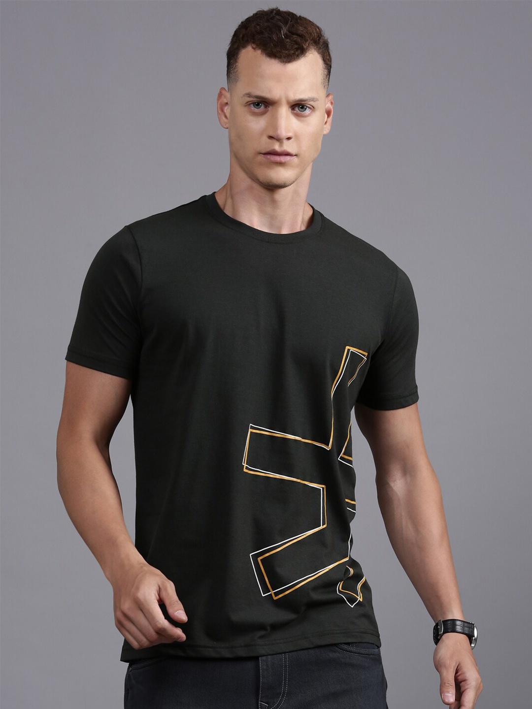 

WROGN Geometric Printed Cotton T-shirt, Olive