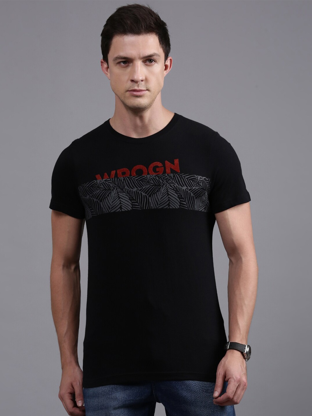 

WROGN Graphic Printed Cotton Casual T-Shirt, Black