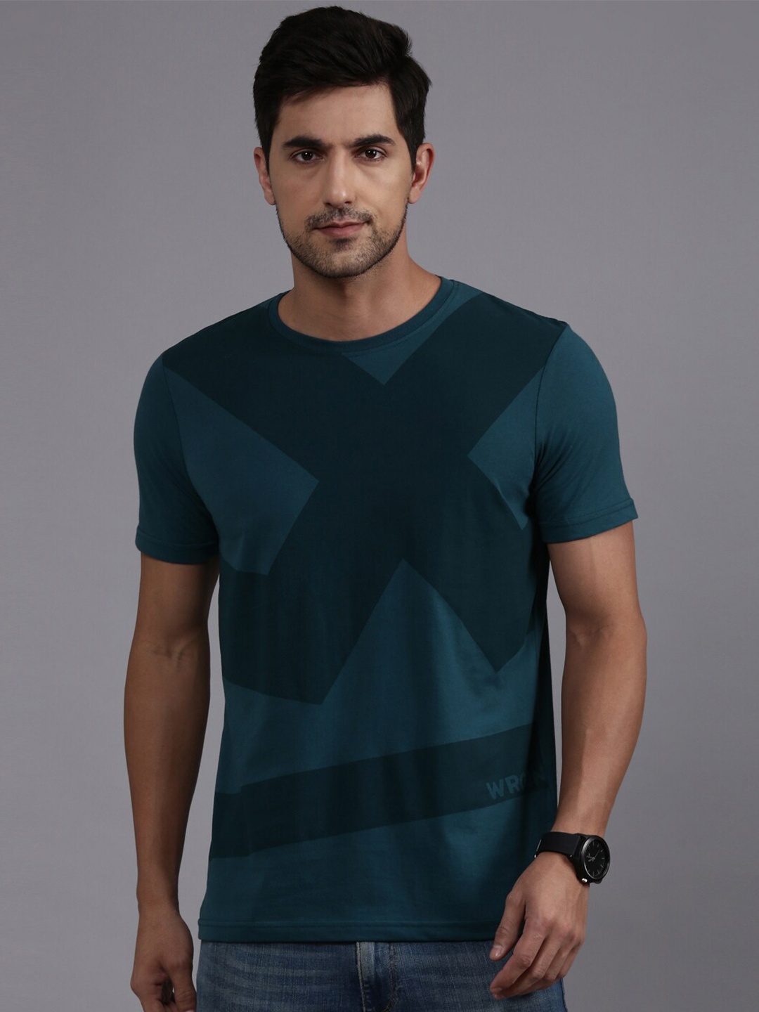 

WROGN Geometric Printed Cotton Casual T-Shirt, Green