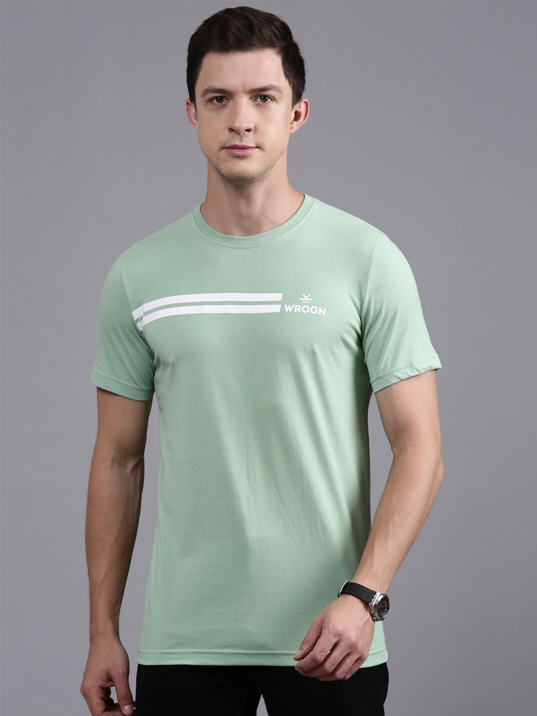 

WROGN Round Neck Cotton Casual T-Shirt, Green