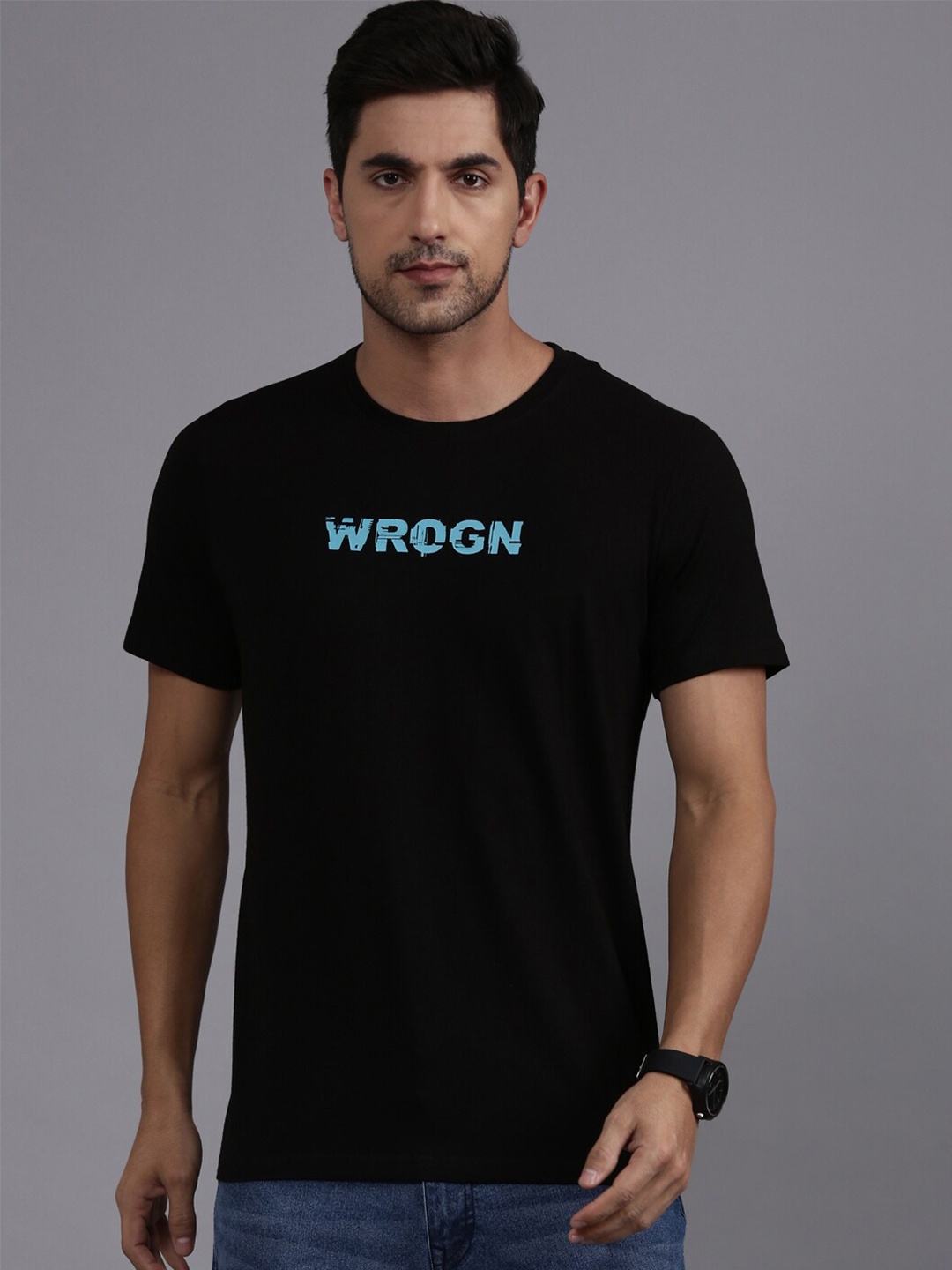 

WROGN Brand Logo Printed Cotton T-shirt, Black