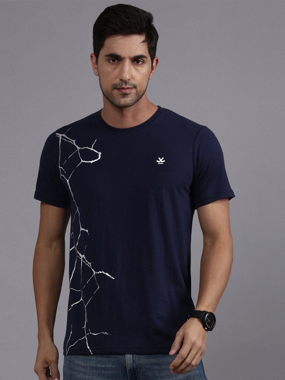 

WROGN Printed Round Neck Cotton T-shirt, Navy blue