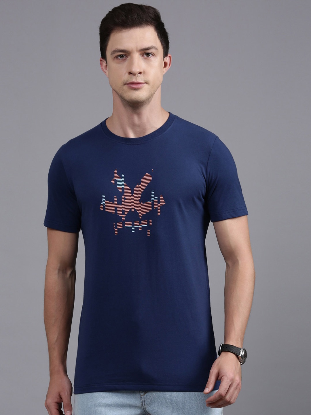 WROGN Printed Round Neck Cotton T-shirt, Blue