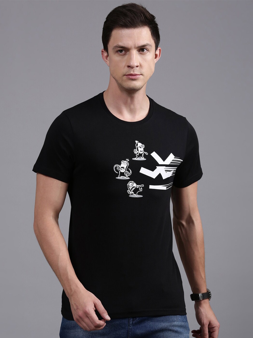 

WROGN Minion Printed Round Neck Cotton T-shirt, Black