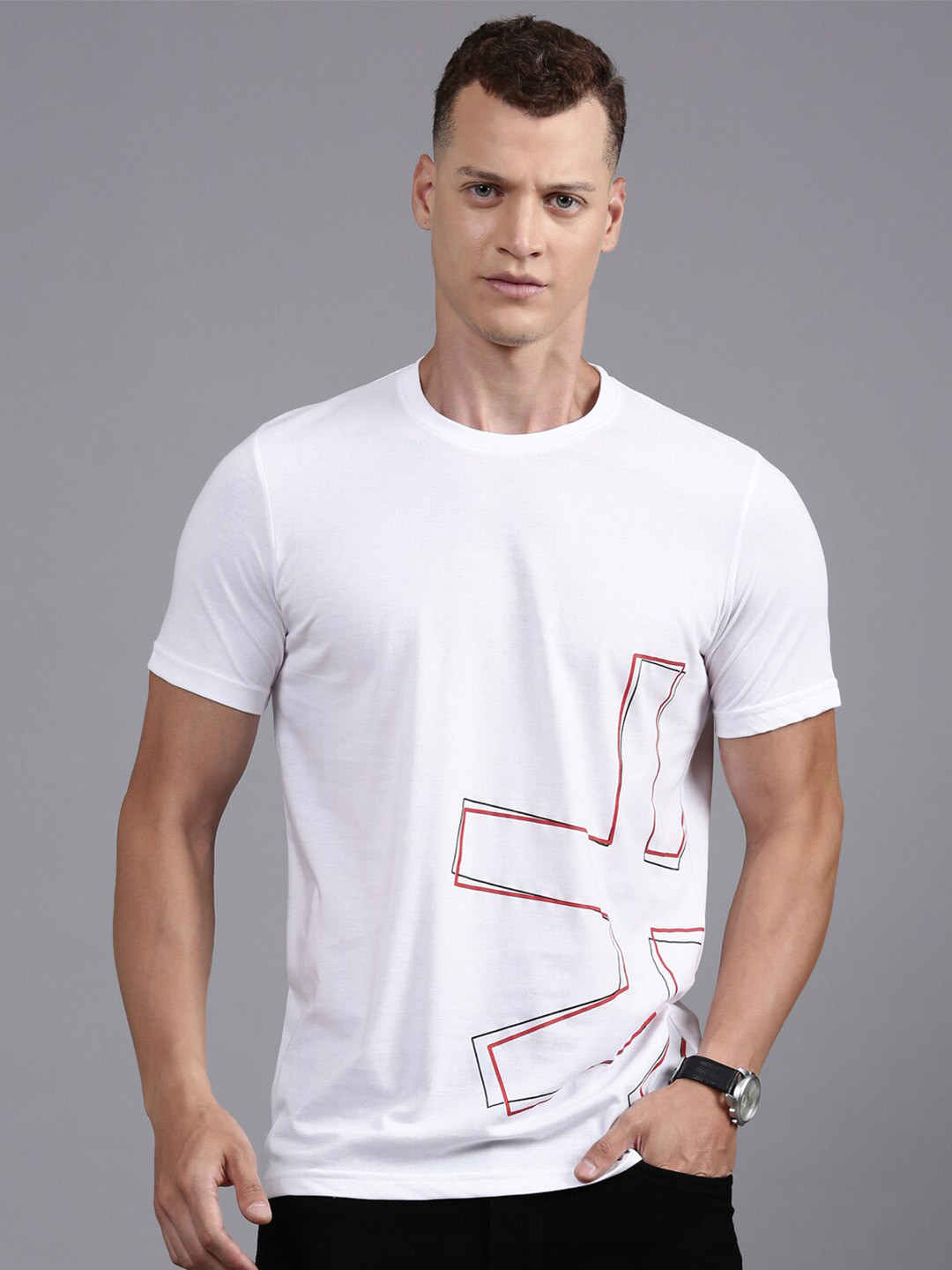 

WROGN Printed Round Neck Cotton T-shirt, White
