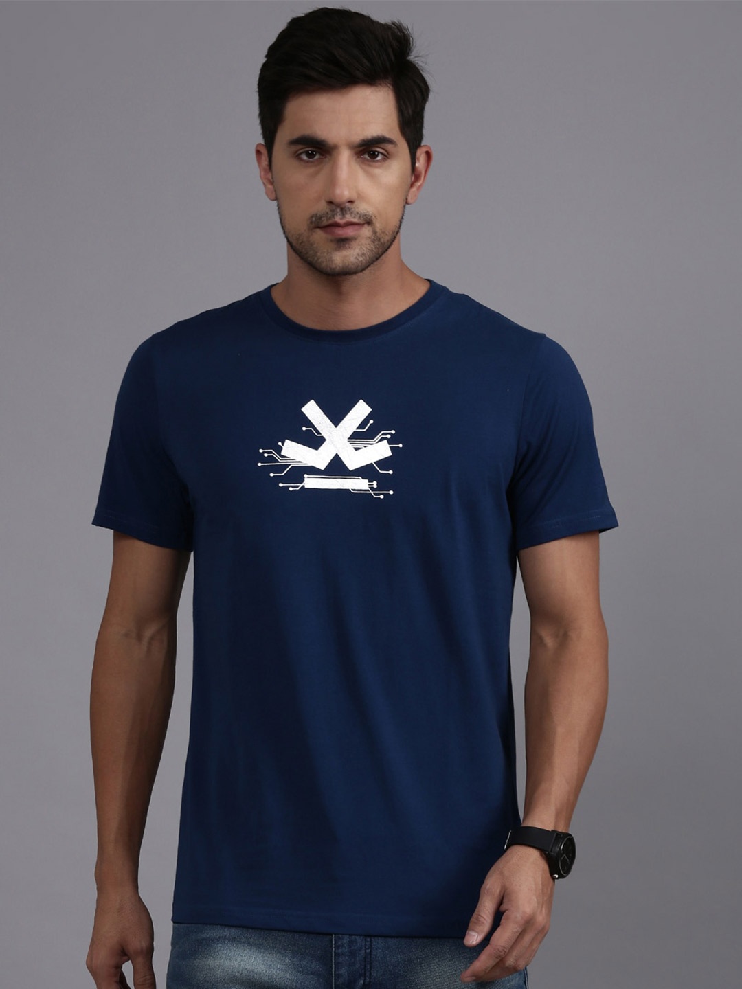 

WROGN Printed Round Neck Cotton T-shirt, Navy blue