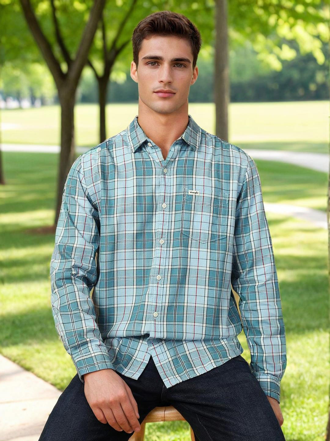 

Wrangler Spread Collar Tartan Checked Twill Casual Cotton Shirt, Blue