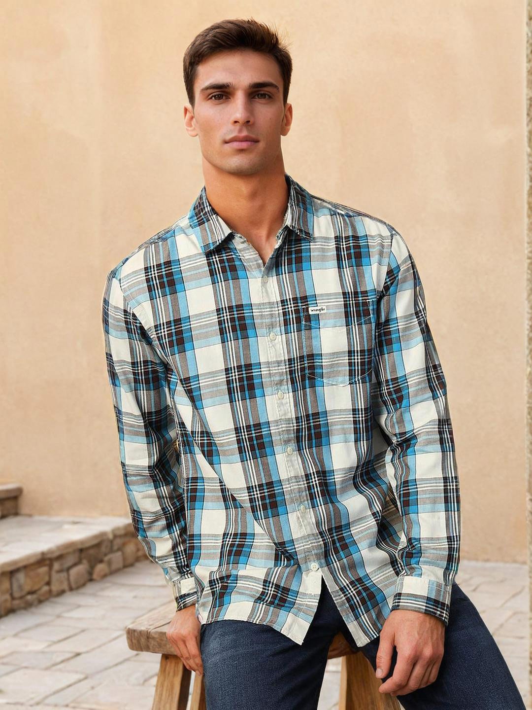 

Wrangler Tartan Checked Regular Fit Pure Cotton Casual Shirt, Blue