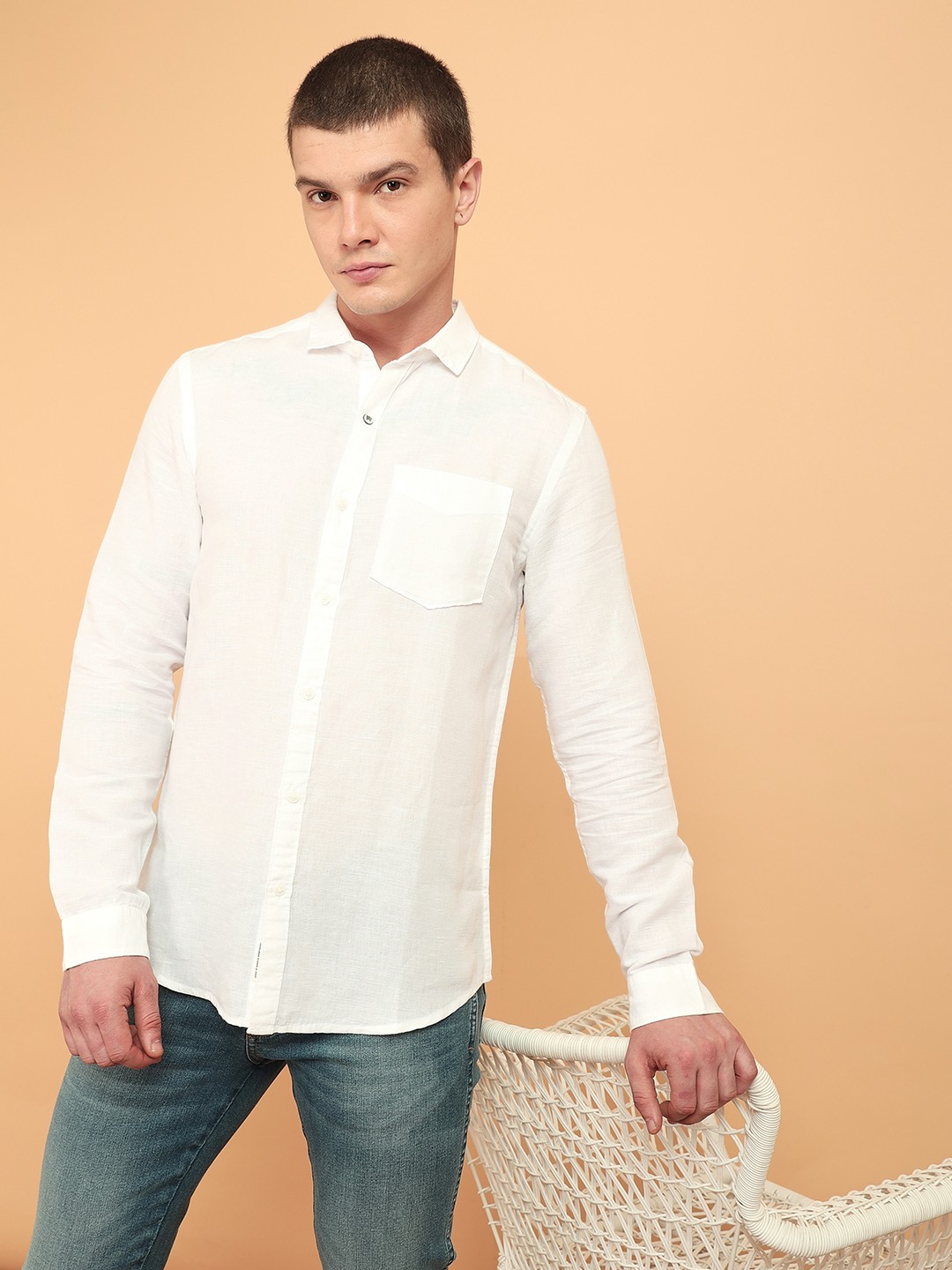 

Wrangler Spread Collar Long Sleeves Casual Linen Cotton Shirt, White