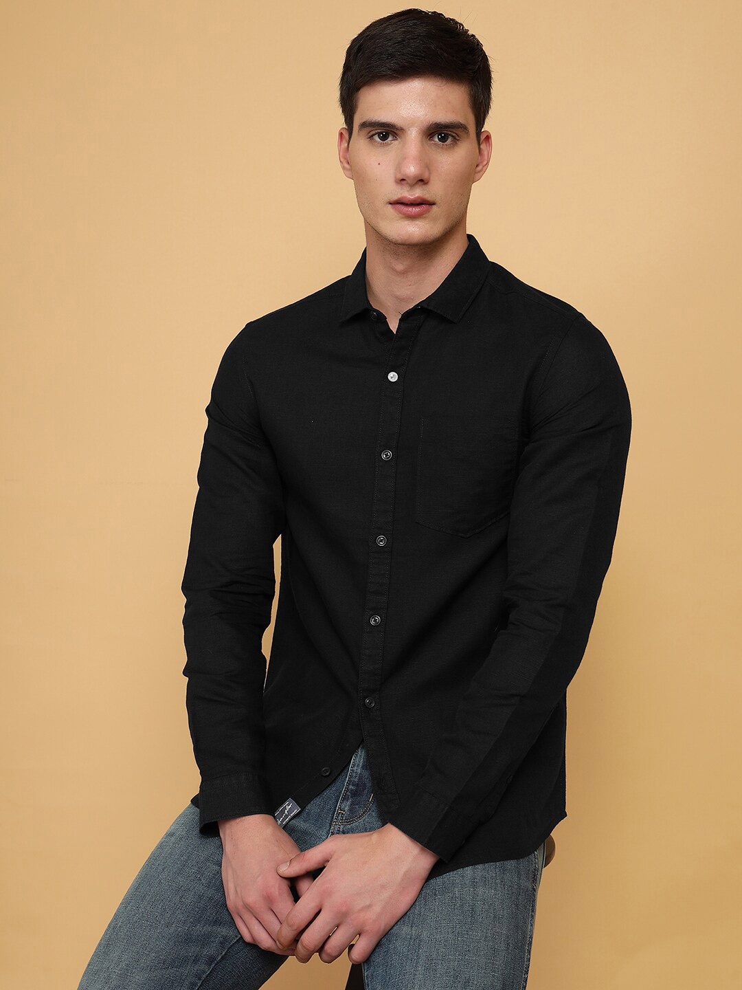 

Wrangler Spread Collar Long Sleeves Casual Linen Cotton Shirt, Black