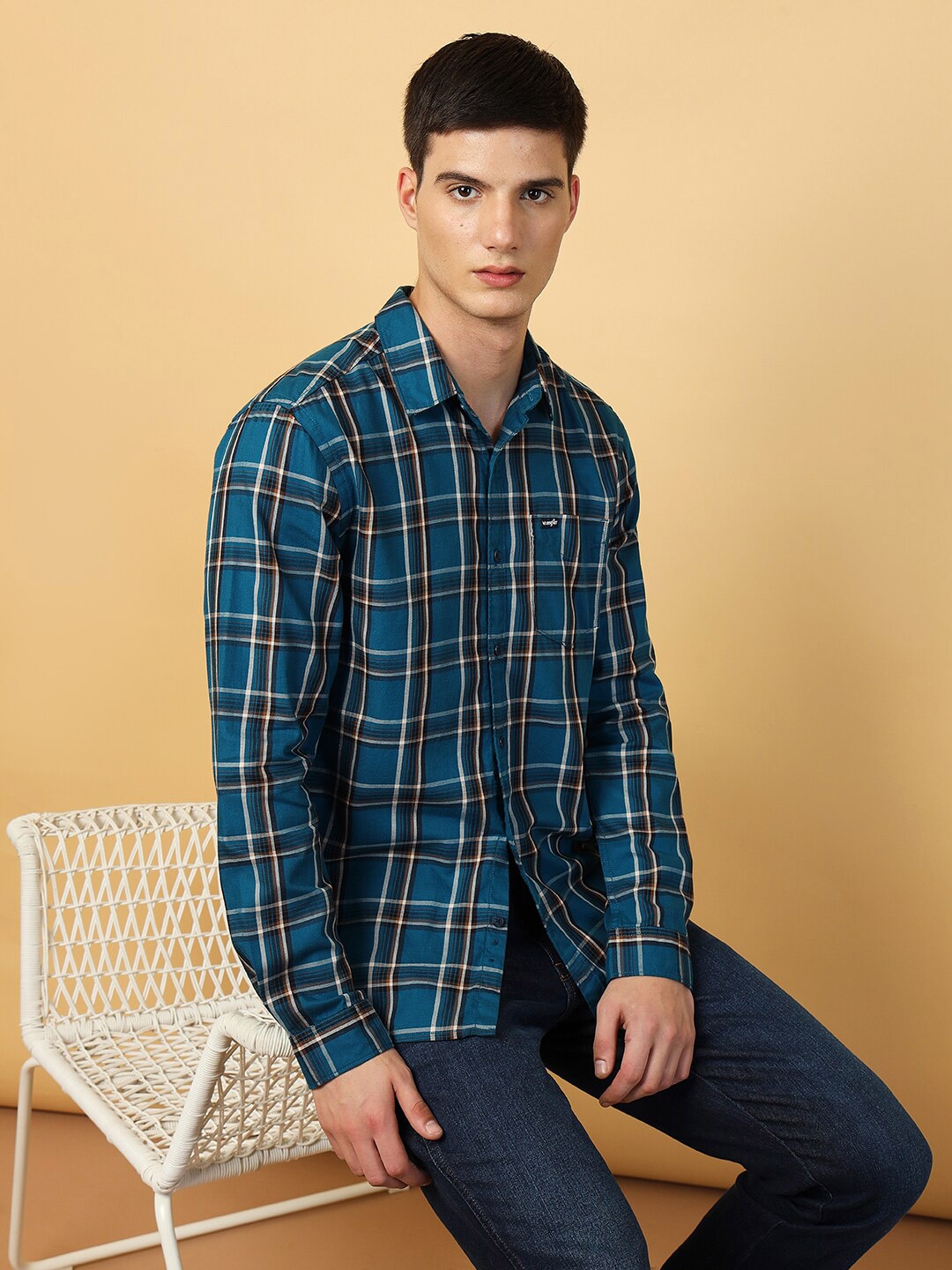 

Wrangler Spread Collar Tartan Checked Twill Casual Cotton Shirt, Blue