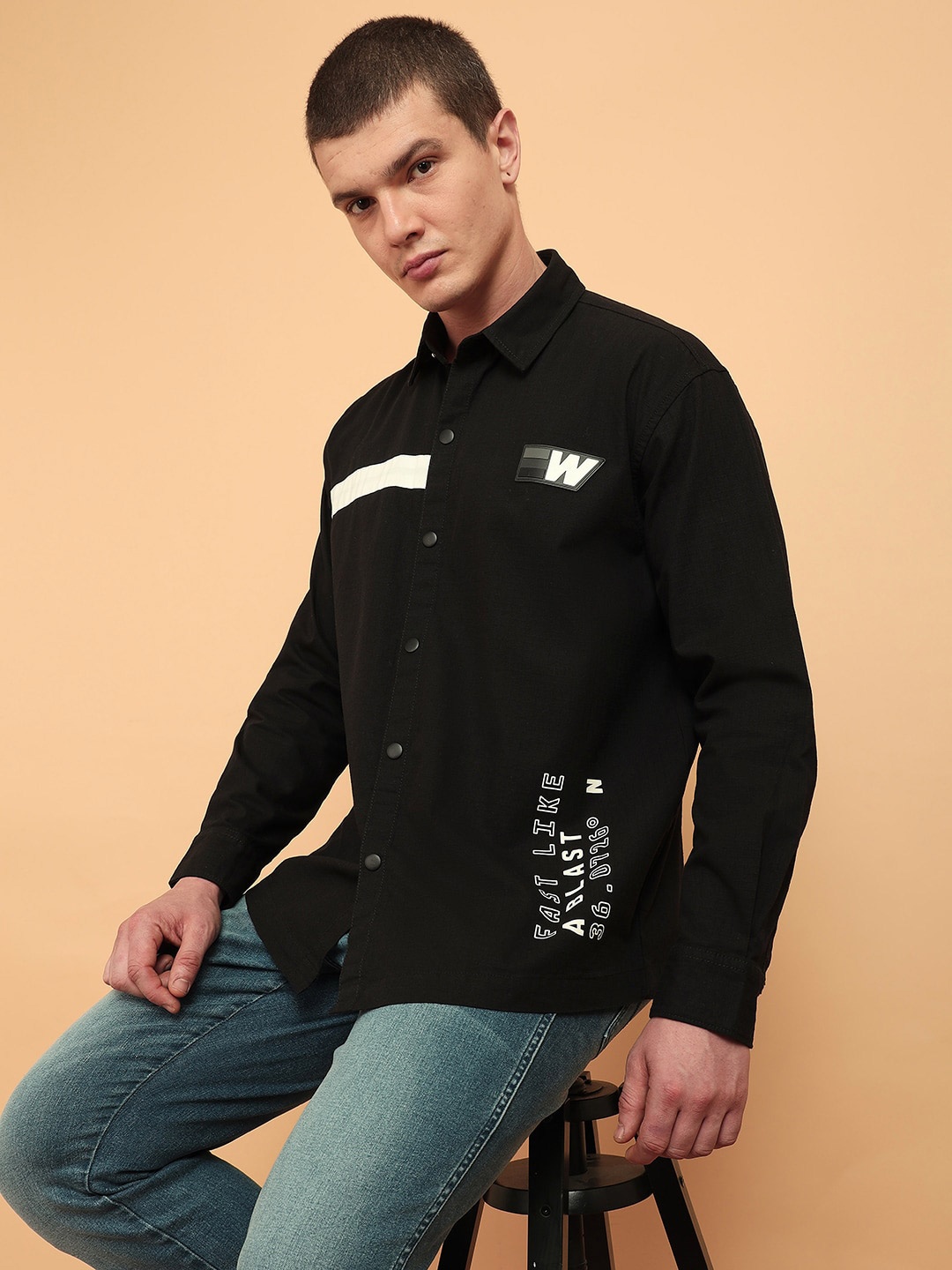 

Wrangler Spread Collar Typography Printed Casual Pure Cotton Shirt, Black