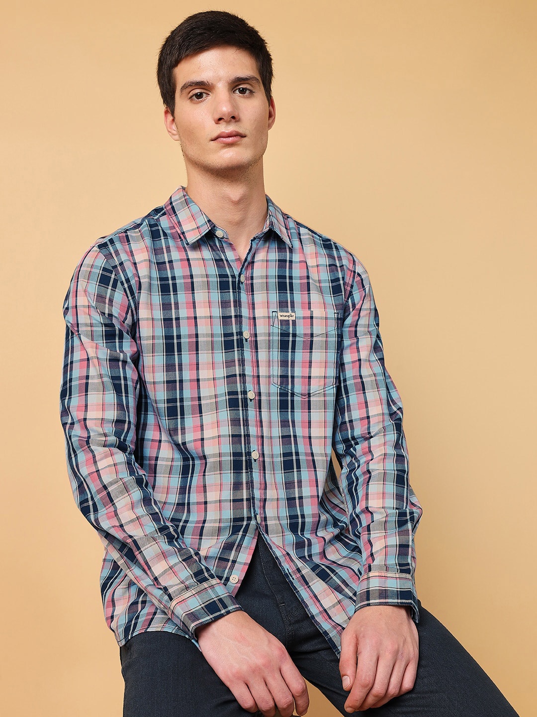 

Wrangler Spread Collar Tartan Checked Twill Casual Cotton Shirt, Blue