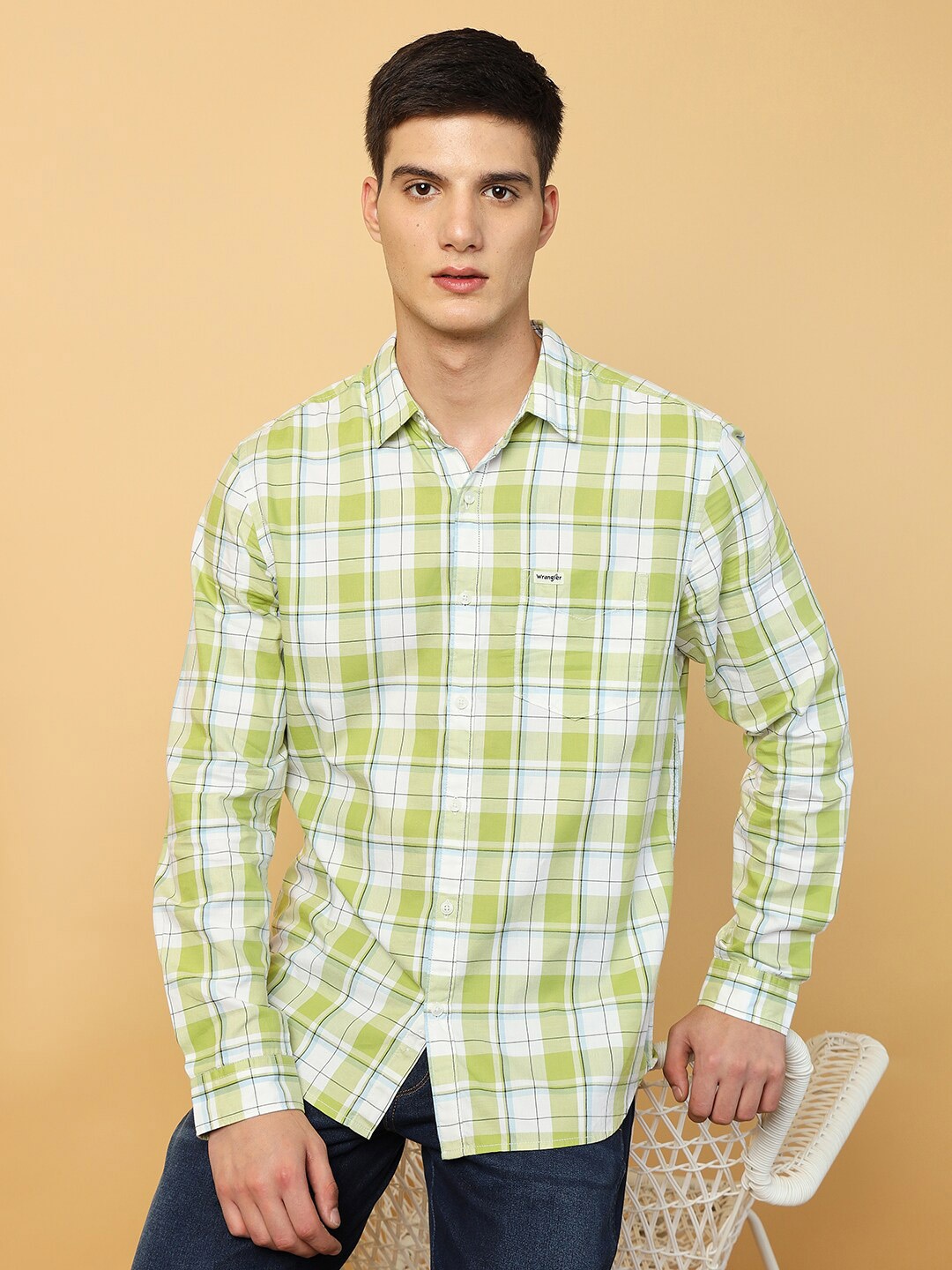 

Wrangler Spread Collar Tartan Checked Twill Casual Cotton Shirt, Green