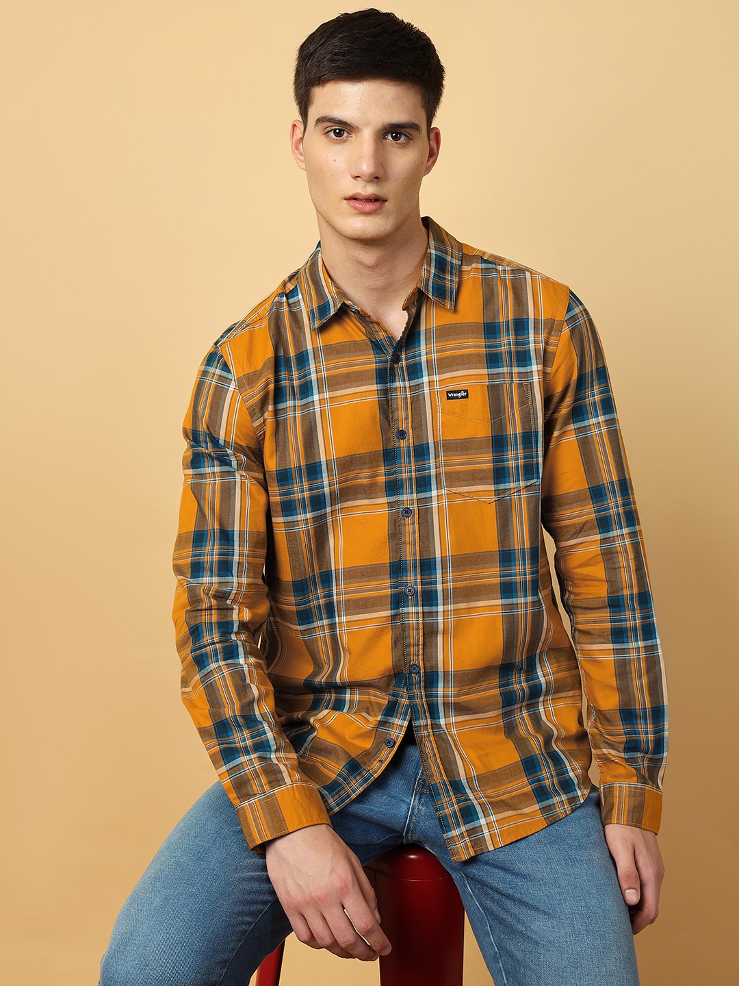

Wrangler Spread Collar Tartan Checked Twill Casual Cotton Shirt, Yellow