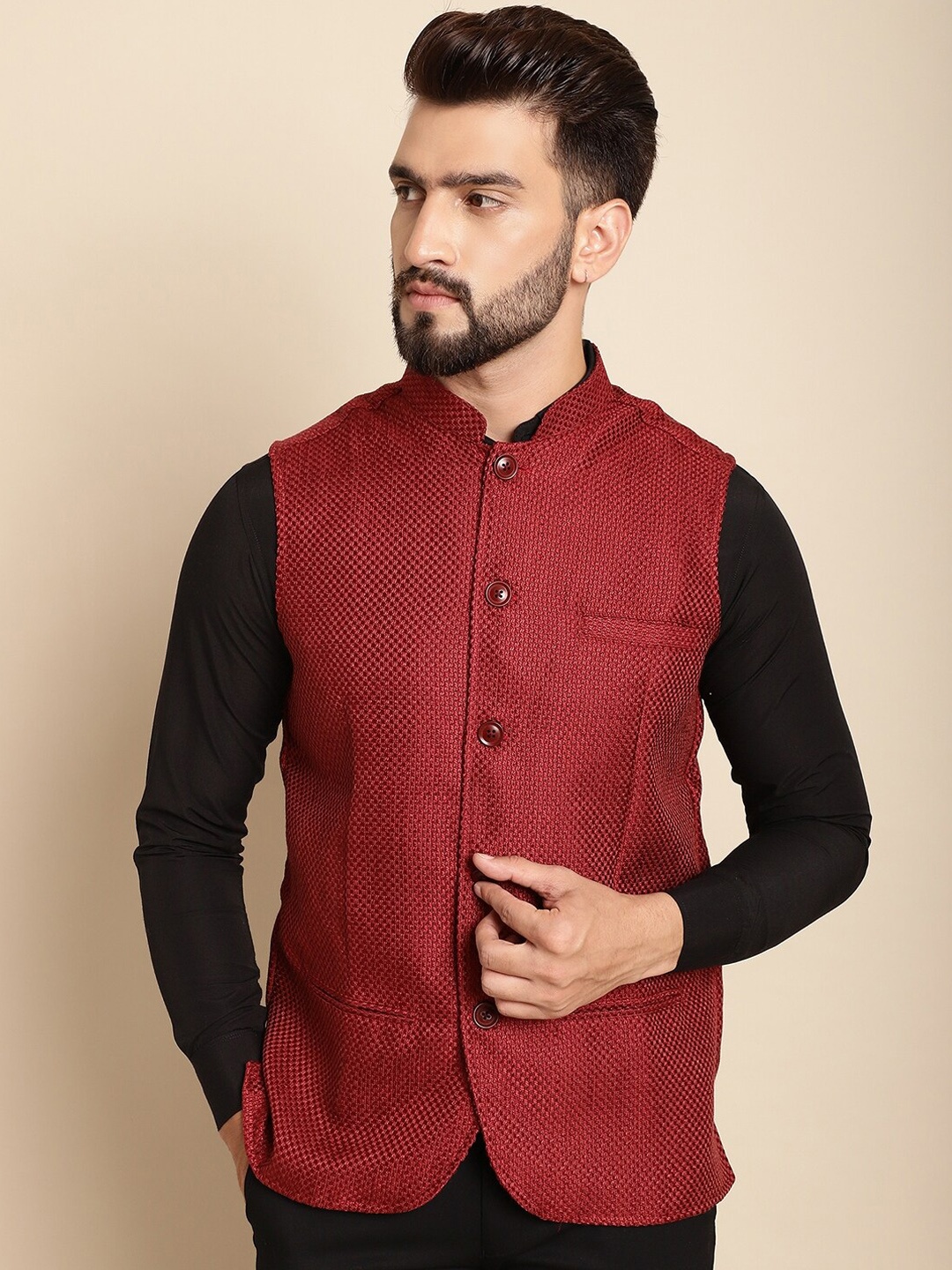 

even Woven Design Nehru Jacket, Maroon