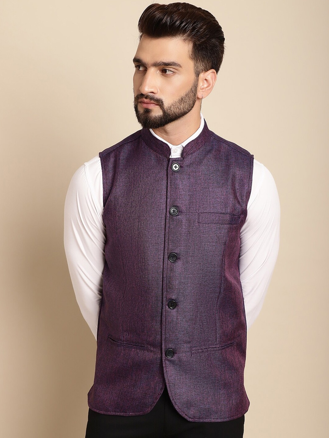 

Even Self Designed Woven Nehru Jacket, Purple