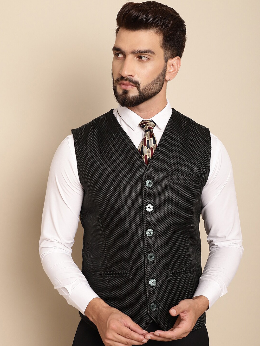 

even Self-Design Single Breasted Waistcoat, Black