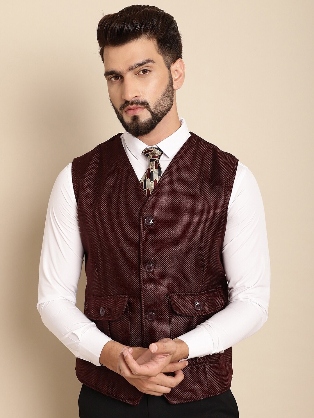 

even Woven Design Nehru Jacket, Maroon