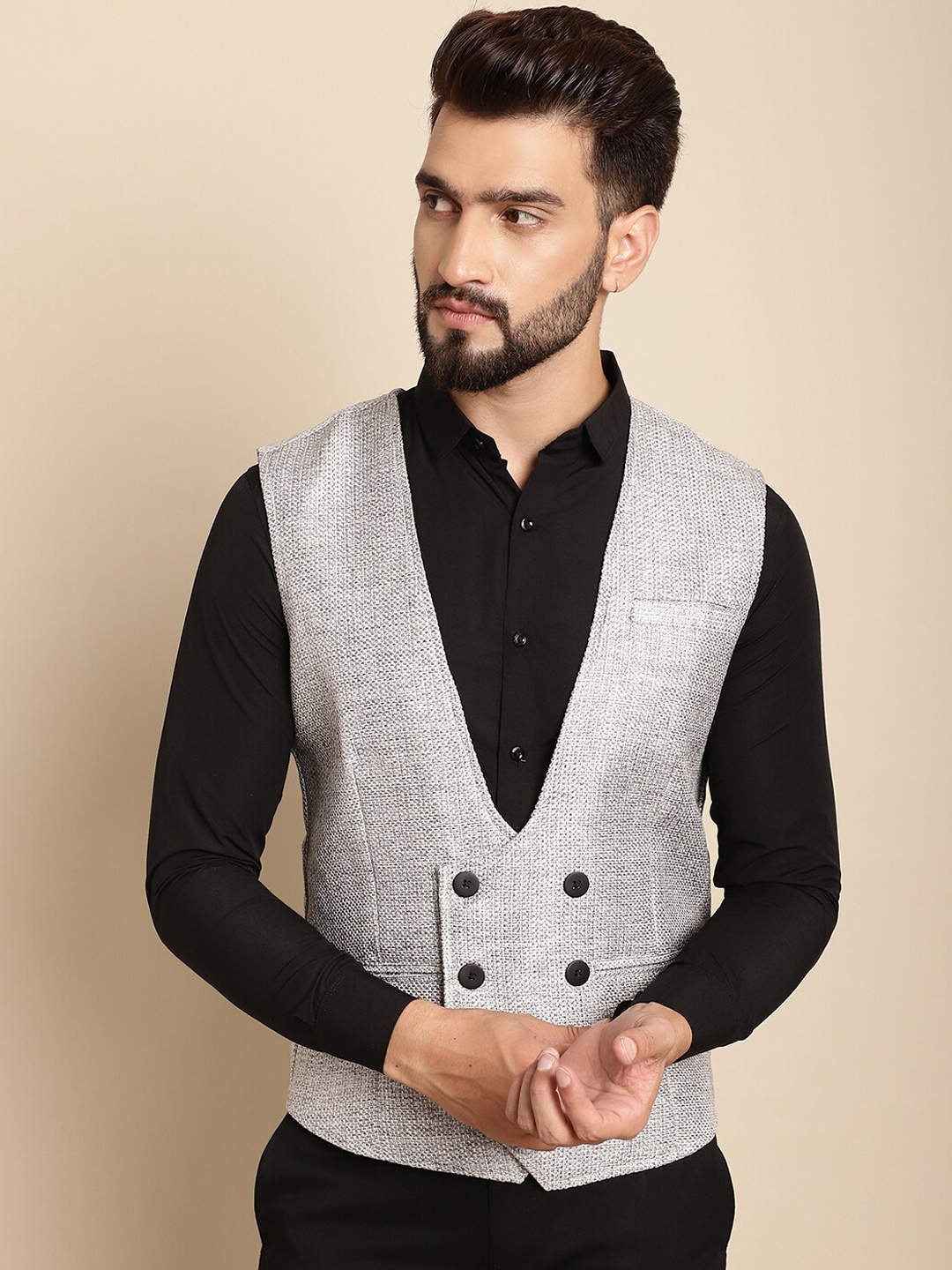 

even Woven Design Double Breasted Waistcoat, Grey