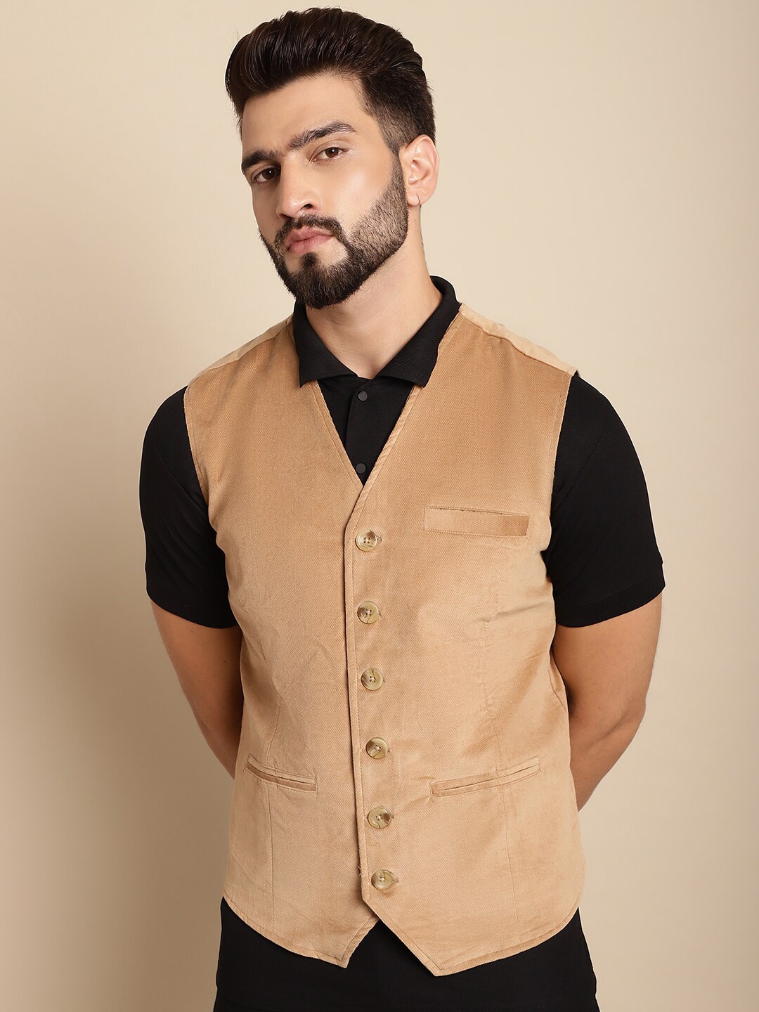 

even Self-Design V-Neck Formal Waistcoat, Beige