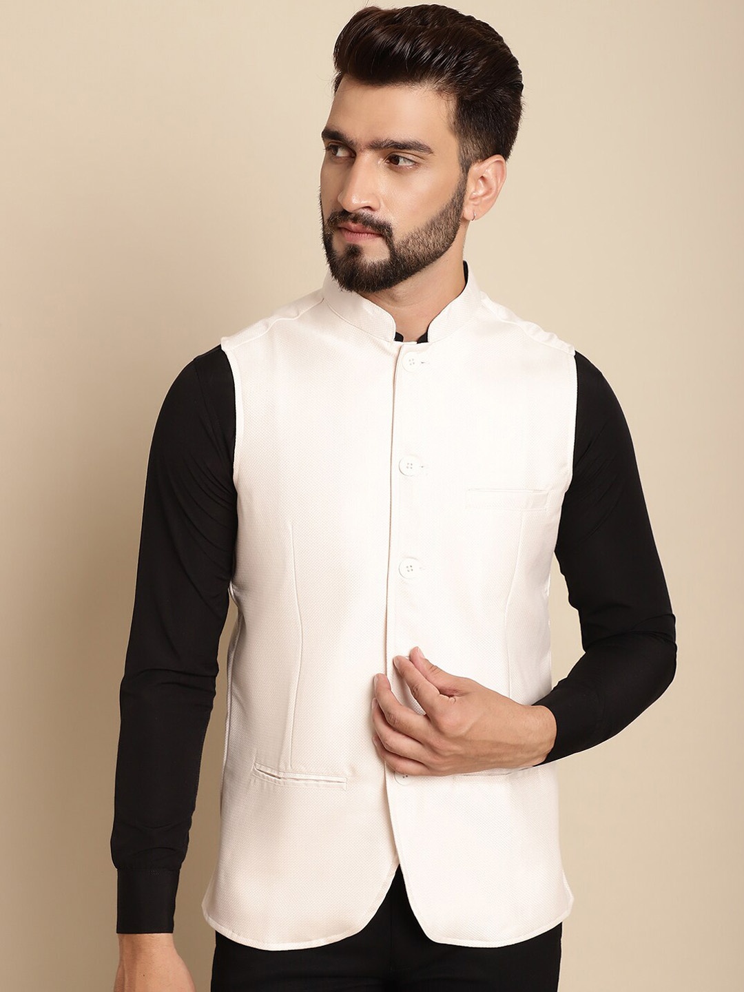 

Even Self-Design Sleeveless Nehru Jacket, Cream