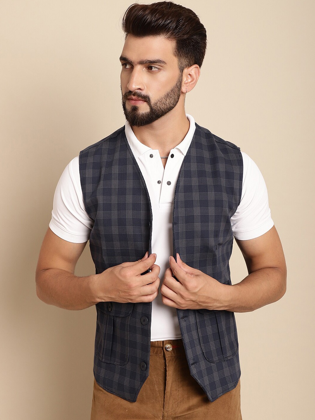 

even Checked Single Breasted Pure Cotton Waistcoat, Navy blue