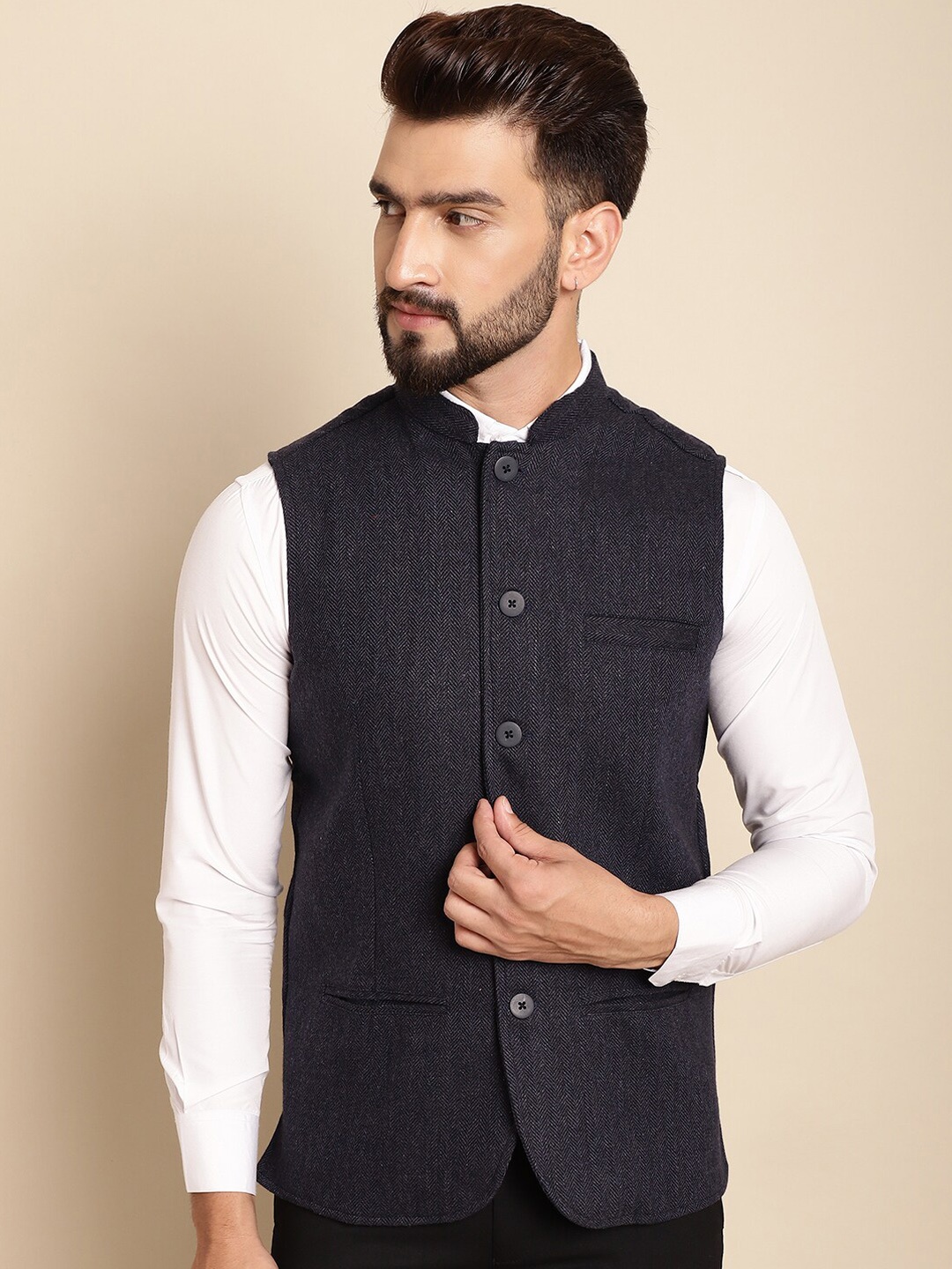 

Even Self Design Sleeveless Nehru Jacket, Blue