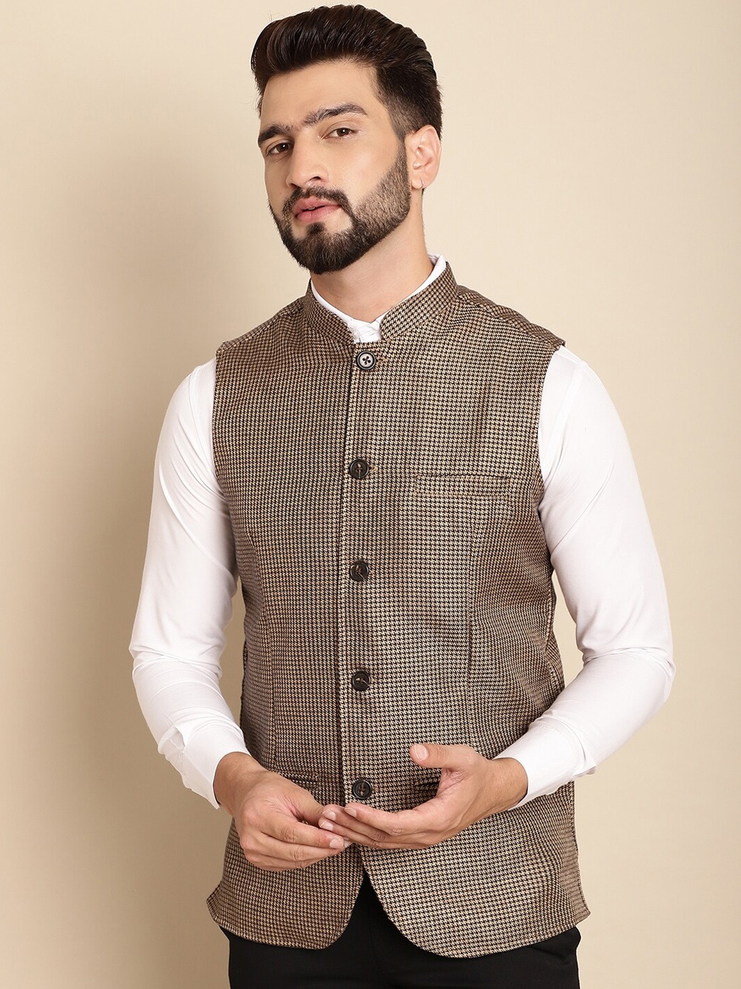 

even Woven Design Nehru Jacket, Beige