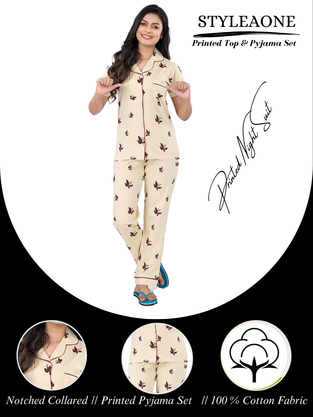 

StyleAOne Conversational Printed Pure Cotton Night Suit, Beige