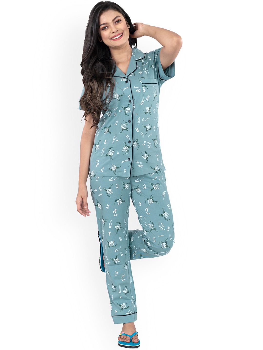 

StyleAOne Floral Printed Pure Cotton Night Suit, Blue