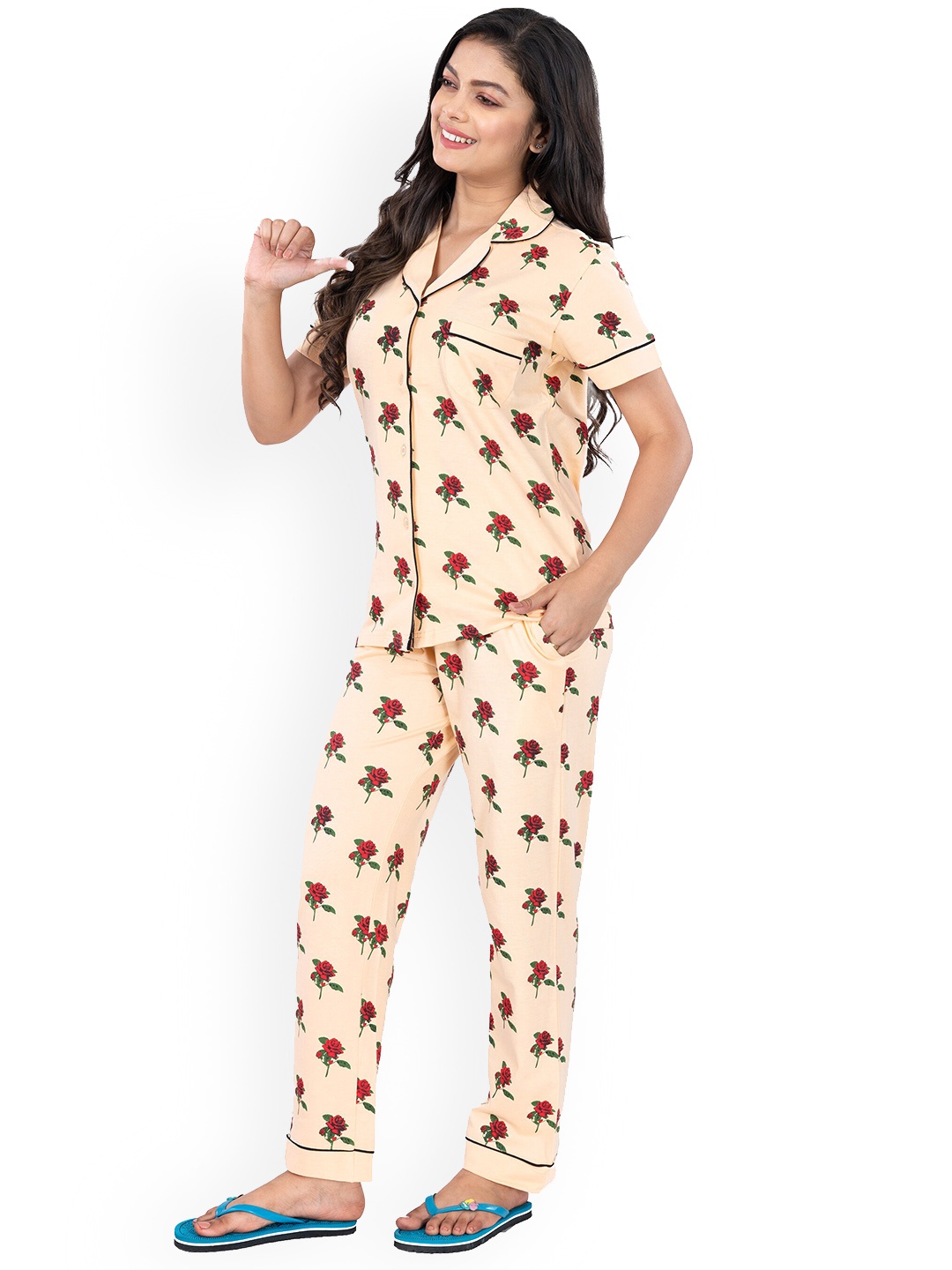 

StyleAOne Floral Printed Pure Cotton Night Suit, Beige