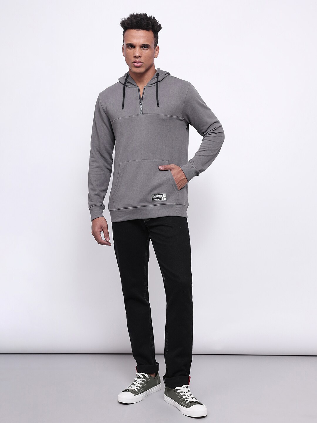 

Lee Hooded Cotton Half Zipper Pullover, Grey