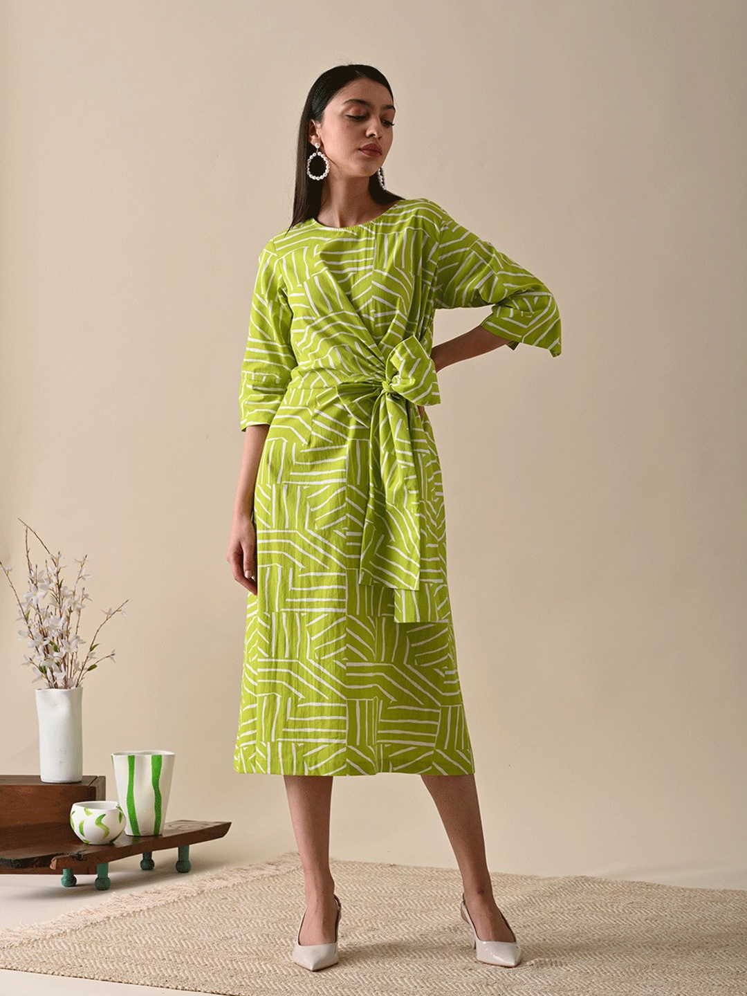 

Kanelle Geometric Printed Cotton A-Line Midi Dress, Olive