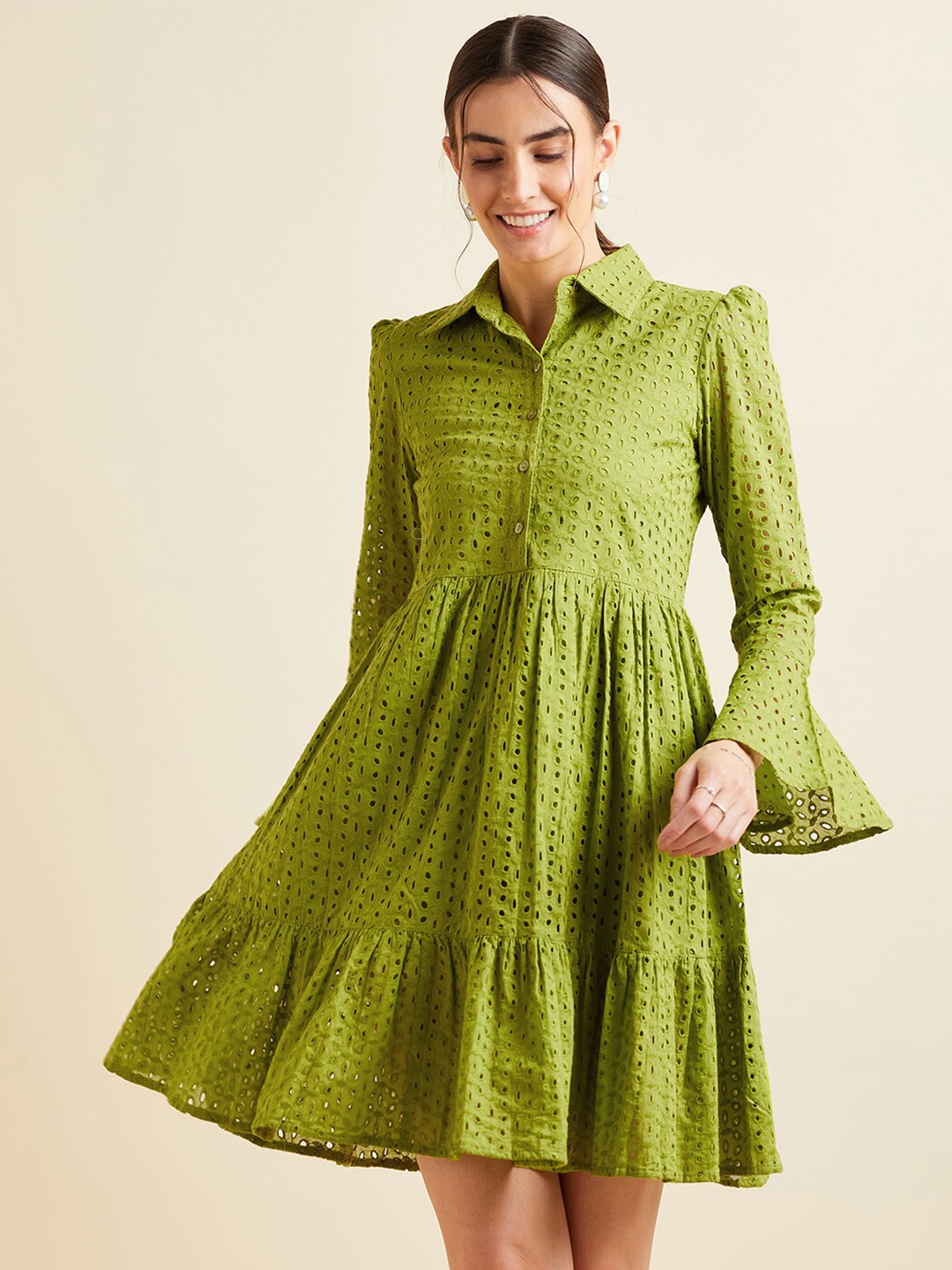 

PANIT Shirt Collar Bell Sleeve Ruffled Schiffli Cotton Fit & Flare Above Knee Dress, Green