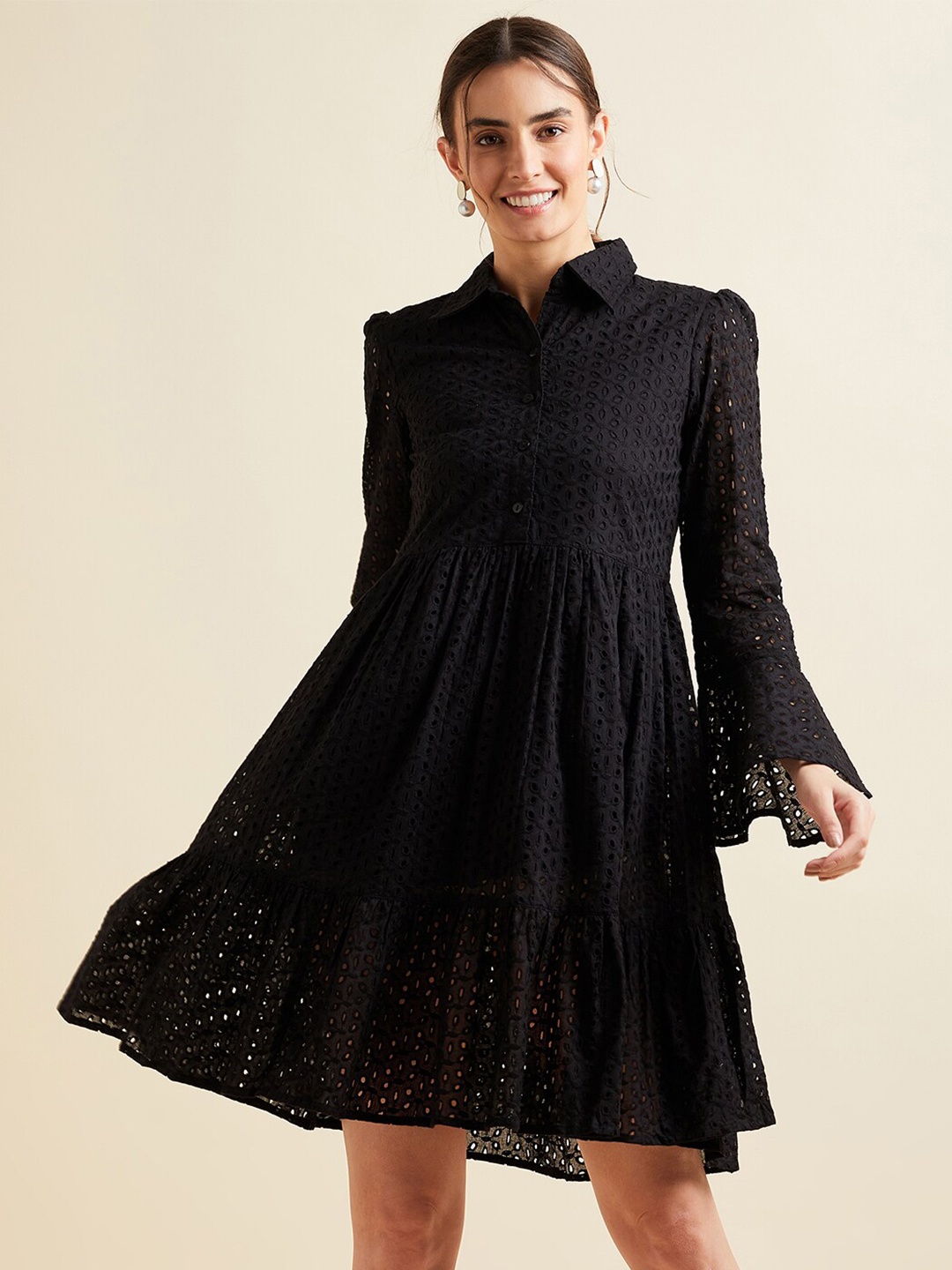 

PANIT Shirt Collar Bell Sleeve Ruffled Schiffli Cotton Fit & Flare Above Knee Dress, Black
