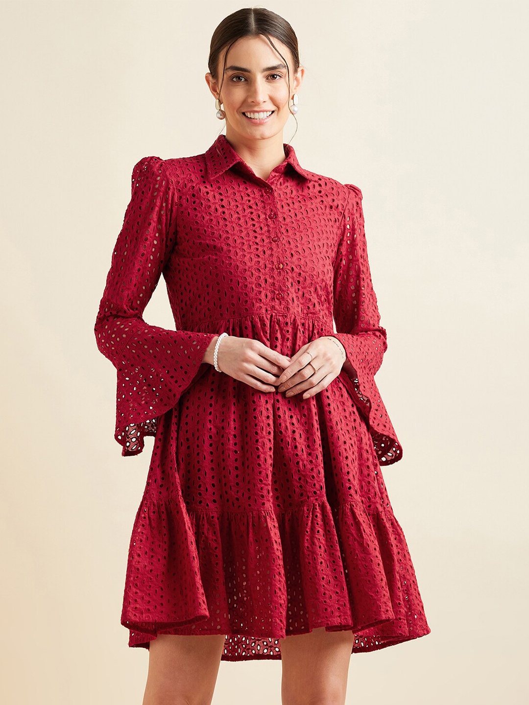 

PANIT Shirt Collar Bell Sleeve Ruffled Schiffli Cotton Fit & Flare Above Knee Dress, Maroon