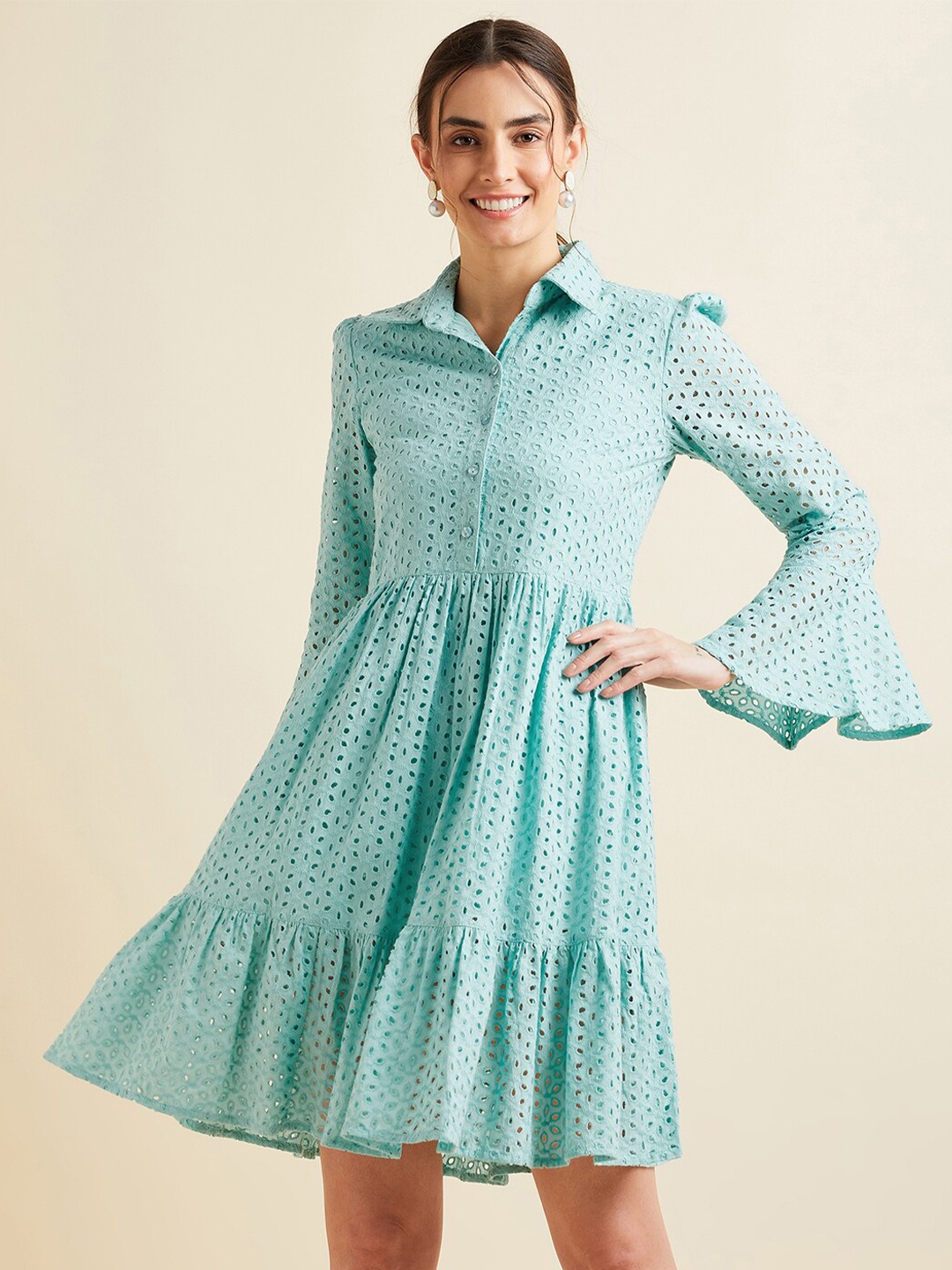 

PANIT Shirt Collar Bell Sleeve Ruffled Schiffli Cotton Fit & Flare Above Knee Dress, Turquoise blue